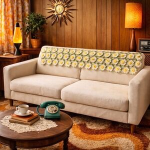 Vintage Crochet Daisy Blanket Throw 80x40 Floral Afghan Cottagecore Boho